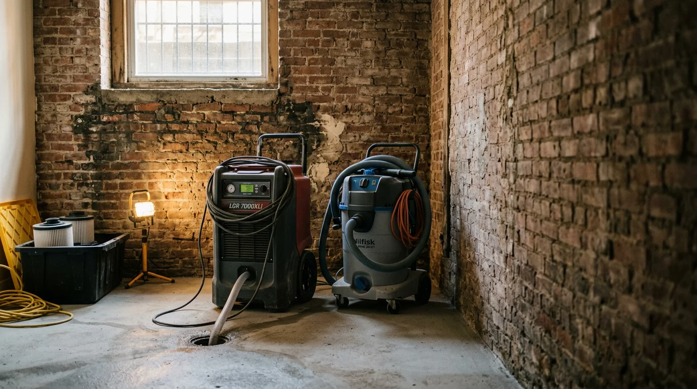 Water damage restoration crew removing standing water from residential basement