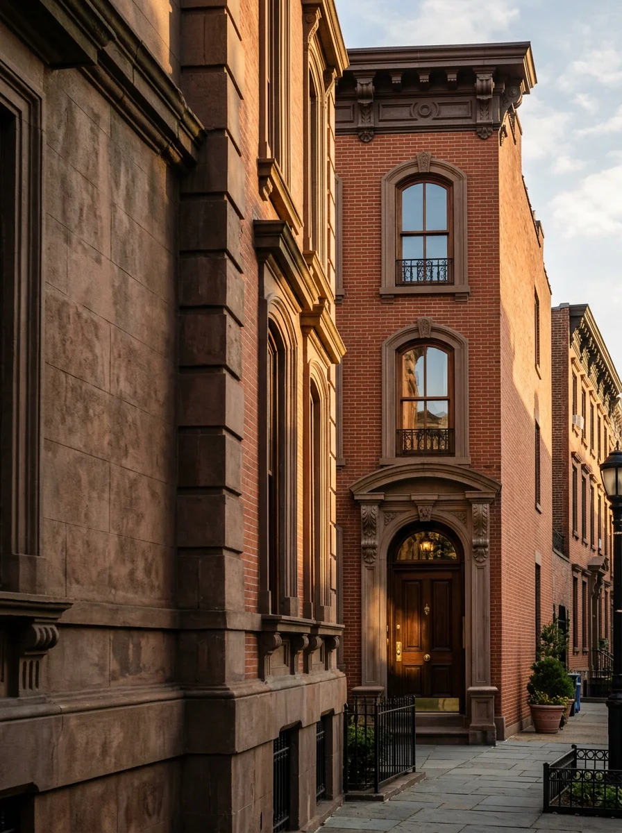 Close-up of restored Brooklyn brownstone facade with period-appropriate windows and entrance details.