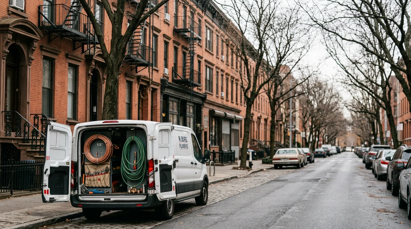 Brownstone-lined street in Brooklyn with tree-lined sidewalk and historic storefronts, showing typical residential block architecture.