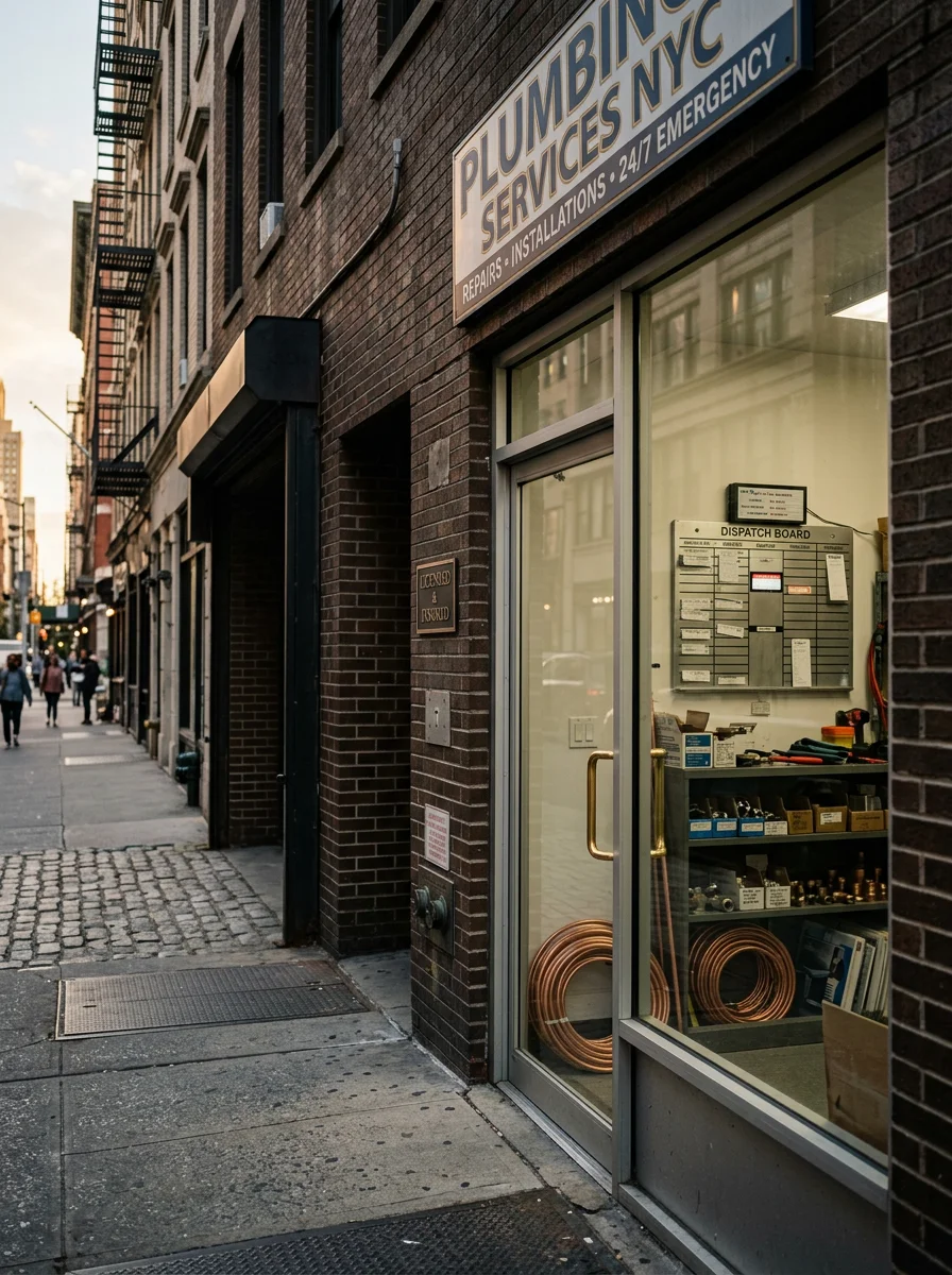 Elegant Manhattan building entrance with detailed facade and professional storefront.