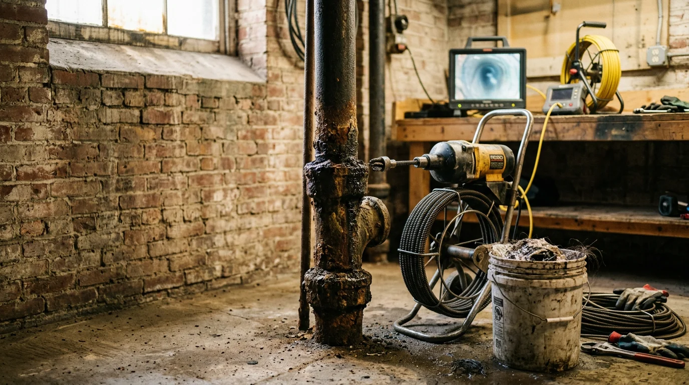 A licensed plumber clearing a clogged main drain line in the basement of a Brooklyn brownstone. The image shows professional snaking equipment inserted into an open cleanout access point on an aging cast iron pipe.