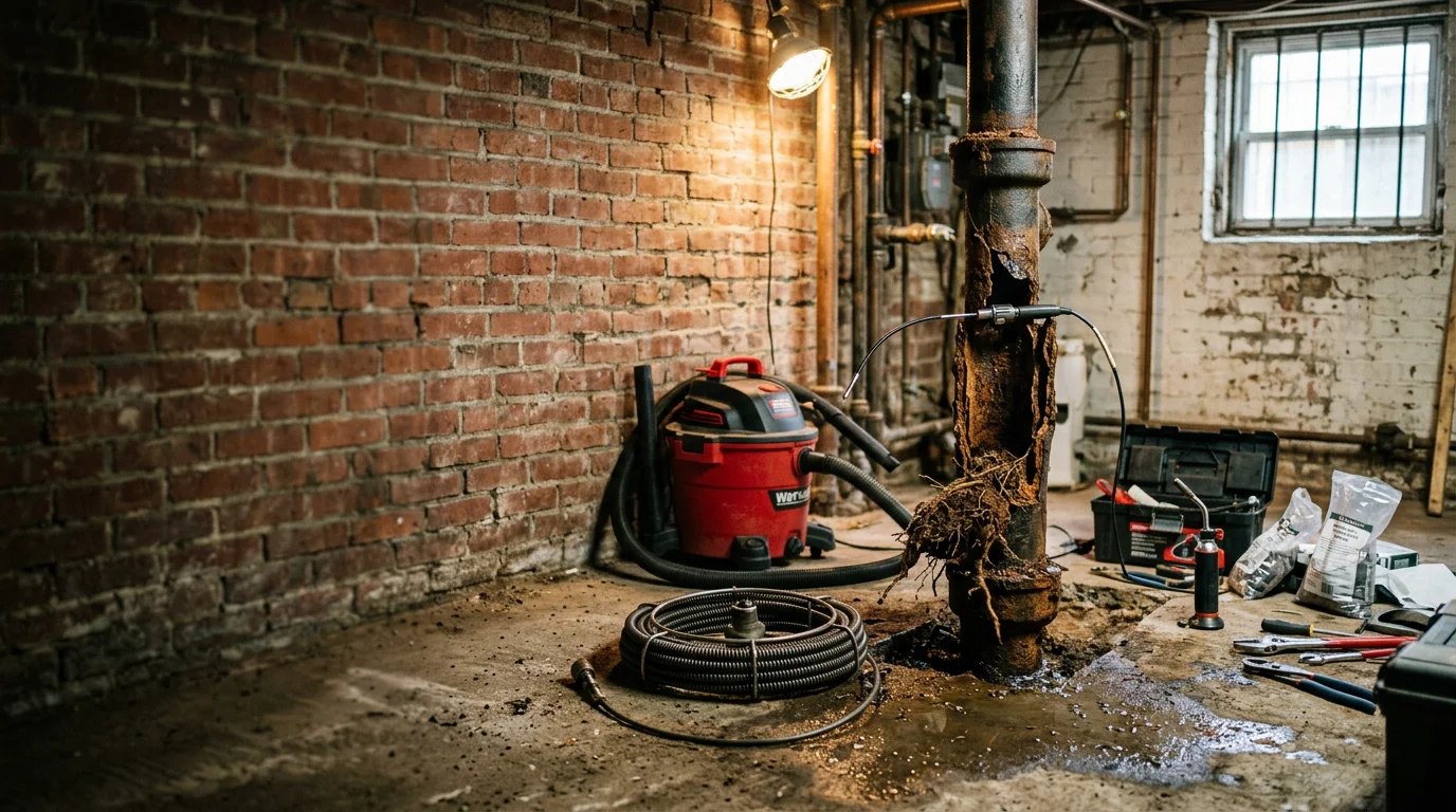 A plumber using a camera inspection tool inside a cast iron drain pipe in the basement of a Brooklyn brownstone. The image shows a corroded pipe section being assessed before emergency repair work begins.