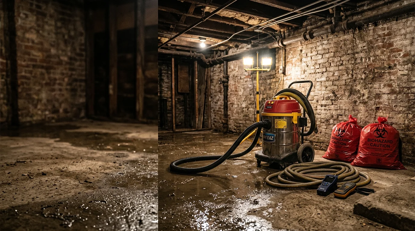 A Brooklyn basement after professional sewage removal, showing clean and dry concrete floors with no standing water or visible contamination. A technician in protective gear inspects the treated area near the base of a prewar stone foundation wall.