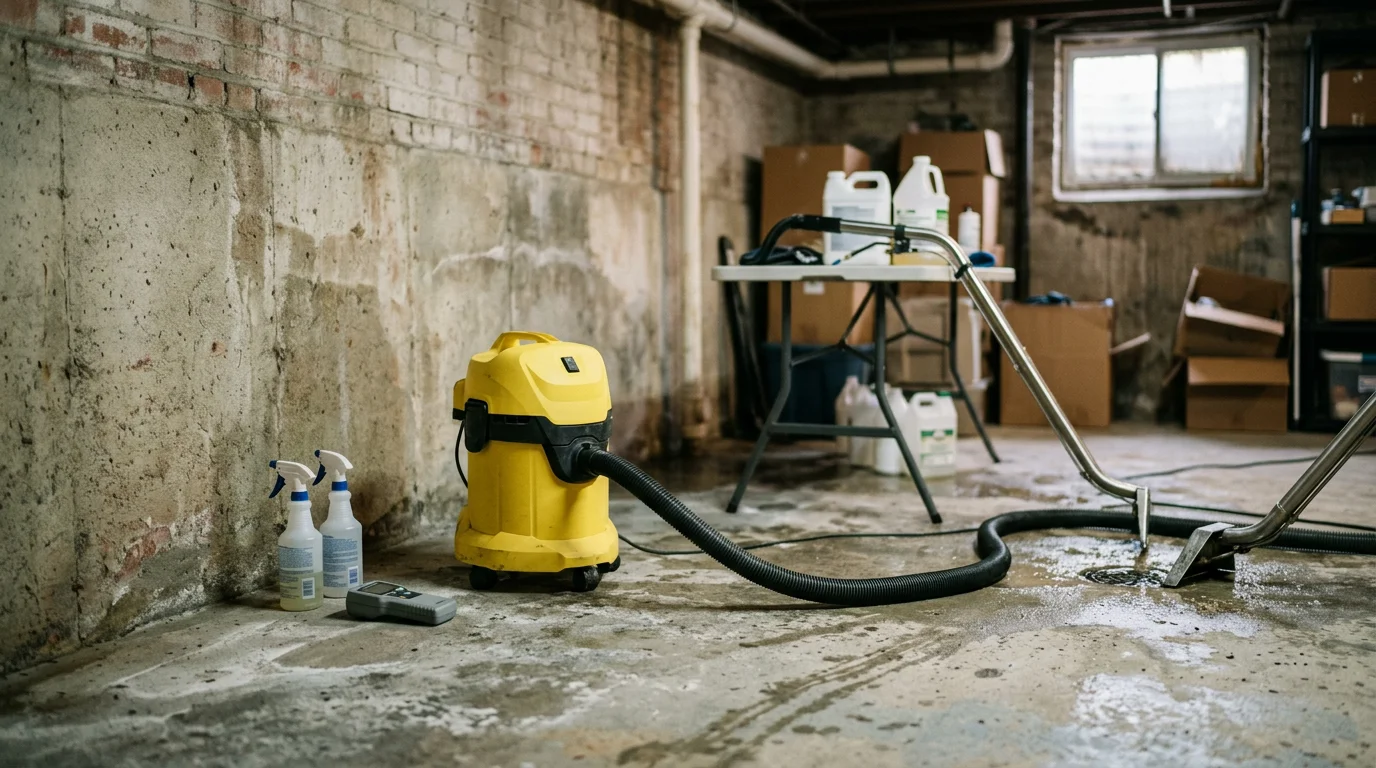 A Brooklyn basement floor drain surrounded by sewage overflow, with a restoration technician in protective gear using extraction equipment to remove contaminated water. The space shows a prewar building's concrete floor and exposed plumbing typical of older Brooklyn residential properties.
