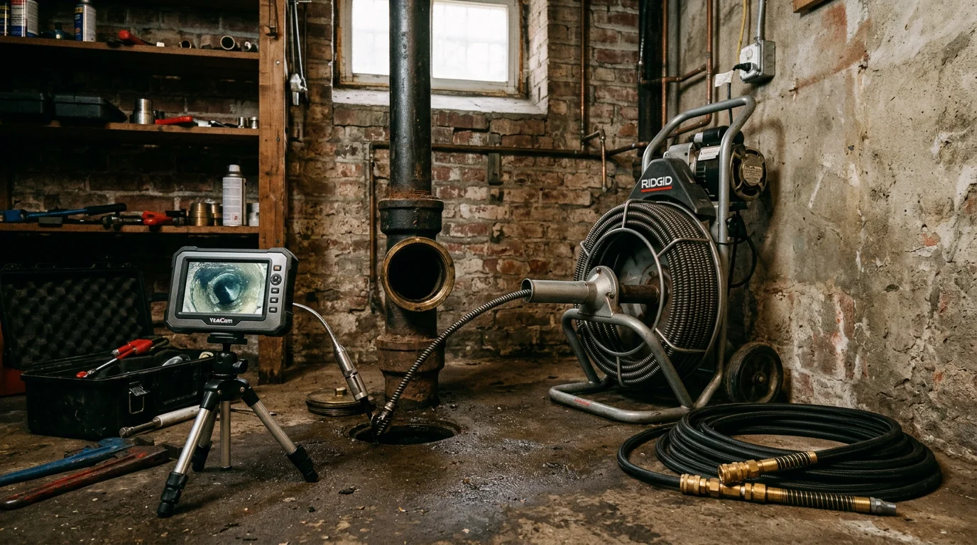 A plumber from 24 Seven Plumbing Inc feeding a sewer cleaning cable into a floor cleanout inside a Brooklyn brownstone basement. The pipe access point is open and the surrounding area is clear, showing a standard cast iron sewer line connection.