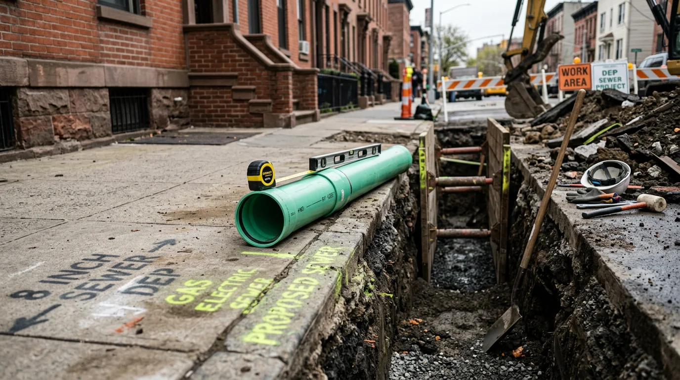 A newly installed sewer main pipe running from a Brooklyn residential property to the city sewer connection point at the curb line, with a clean trench showing proper pipe depth and bedding. The surrounding sidewalk and street surface are intact, reflecting a completed installation on a dense Brooklyn block.