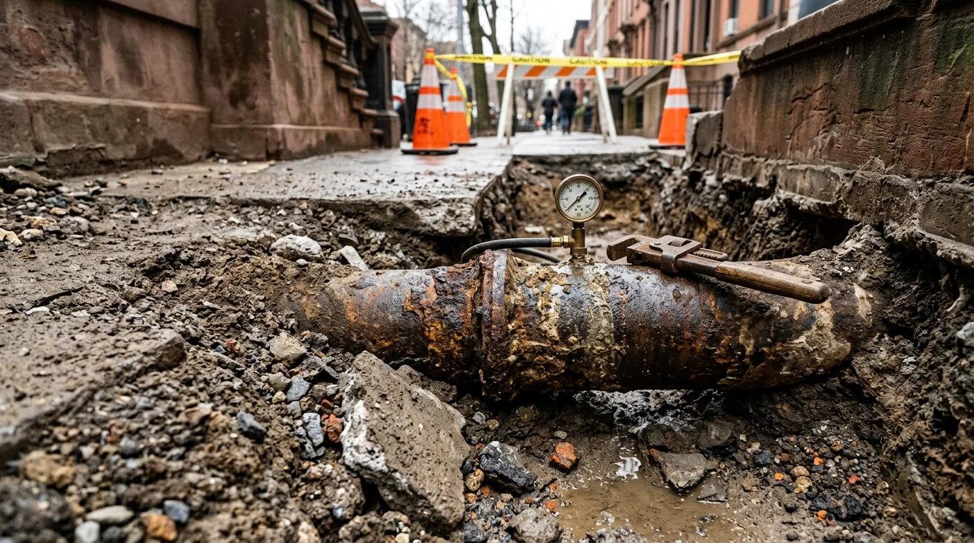 A plumber from 24 Seven Plumbing Inc excavating a broken underground water main service line on a Brooklyn residential street. The trench exposes a damaged pipe section next to a concrete sidewalk, with repair equipment visible on site.