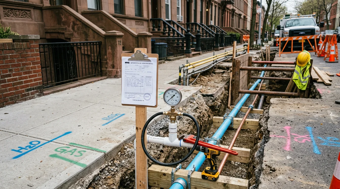 A freshly installed water main service line running from the city connection to a Brooklyn brownstone, with a restored sidewalk and clean trench backfill visible along the curb.