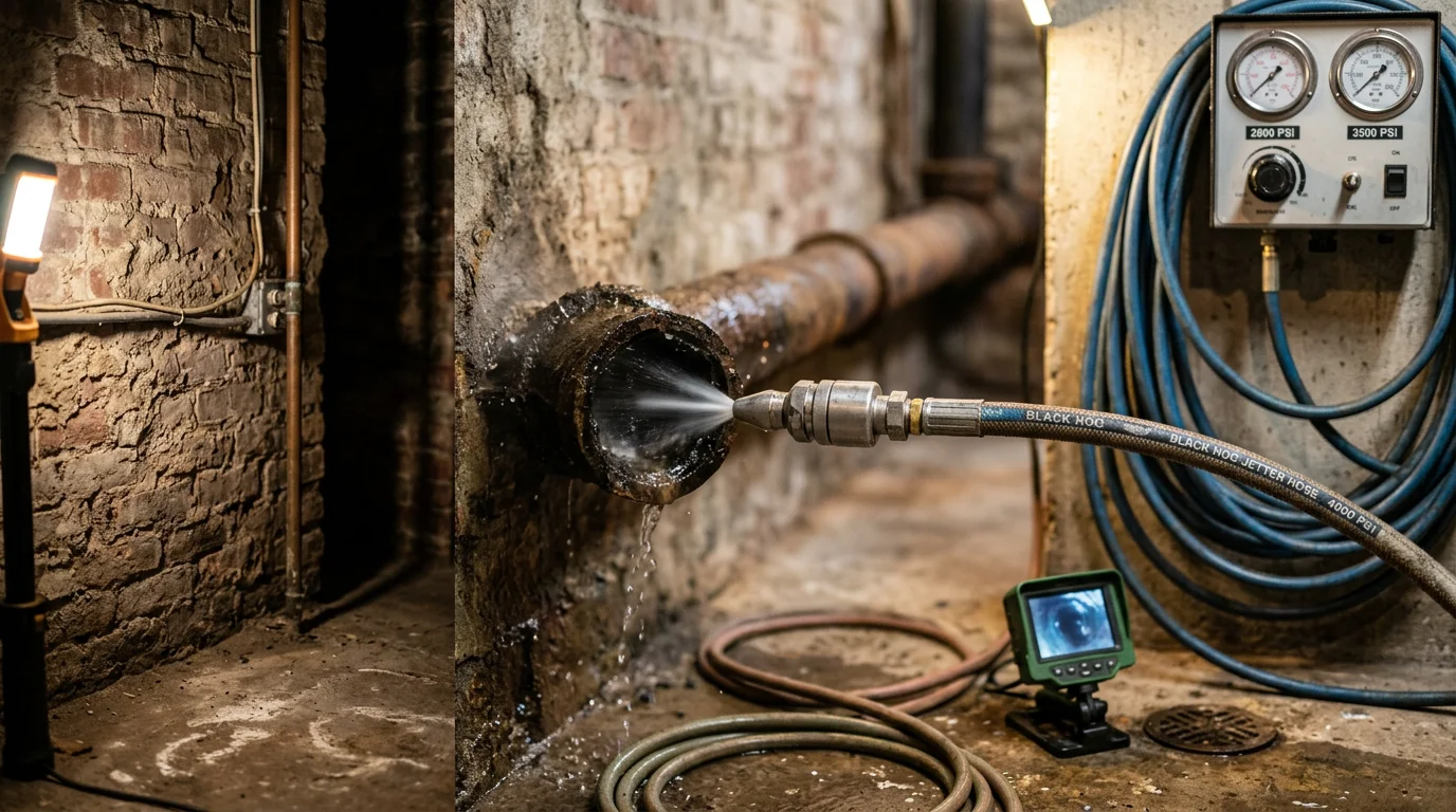 A plumber feeding a high-pressure waterjet hose into a drain cleanout at a Brooklyn brownstone. The pipe interior is being flushed clear of grease buildup and debris.